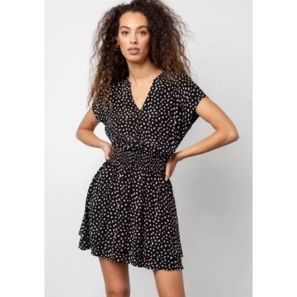 Rails Dress Womens Large Black Polka Dot Karla Ivory Spots Button Mini Smocked